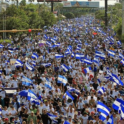 NICARAGUA POLITICAL CRISIS: MORE THAN  100,000 PEOPLE PARTICIPATED IN THE MARCH IN THE CITY MANAGUA.300 PEOPLE ARE REPORTED TO HAVE BEEN KILLED SINCE THE WAVE OF PROTEST AGAINST PRESIDENT DANIEL ORTEGA.HE'S A FORMER GUERRILLA FIGHTER,BEGAN HIS THIRD FIVE - YEAR TERM IN OFFICE LAST YEAR.HIS WIFE ,ROSARIO MURILLO, IS HIS VICE PRESIDENT.