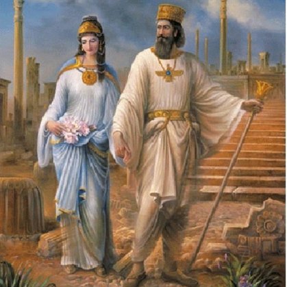PERSIAN EMPEROR CYRUS THE GREAT AND HIS EMPRESS CASSANDRA OF THE ACHAEMENID EMPIRE (600/ 576 – 530 BC).THE VICTORY OVER BABYLONIA EXPRESSED ALL THE FACETS OF THE POLICY OF CONCILIATION WHICH CYRUS HAD FOLLOWED UNTIL THEN.