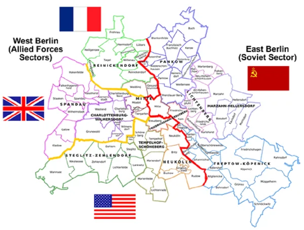 AFTER ADOLF HITLER DEATH IN 1945,ALLIED PREPARATIONS FOR OCCUPATION OF GERMANY,AS RUSSIA DOMINANCE IN THE EAST.THE RED ARMY HAD MARCHER IN TO BERLIN ,WHICH WAS DIVIDED IN FOUR SPHERE OF INFLUENCE ,USA,BRITAIN,FRANCE AND SOVIET.EVEN IF ALL THESE SECTORS WHERE SO CLOSE TO EACH OTHER,THEY STILL HAD ENORMOUS DIFFERENCES.