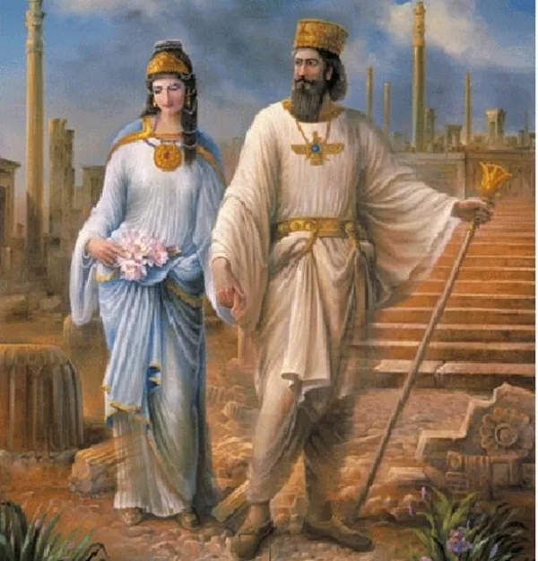 PERSIAN EMPEROR CYRUS THE GREAT AND HIS EMPRESS CASSANDRA OF THE ACHAEMENID EMPIRE (600/ 576 – 530 BC).THE VICTORY OVER BABYLONIA EXPRESSED ALL THE FACETS OF THE POLICY OF CONCILIATION WHICH CYRUS HAD FOLLOWED UNTIL THEN.